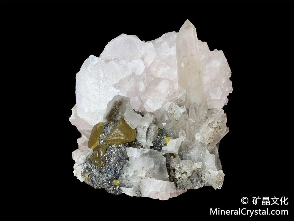 闪锌矿，斜方砷铁矿，方解石，水晶